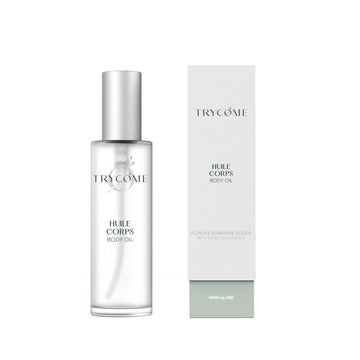 Flacon en verre de l’huile hydratante pour le corps Trycome, infusée à 2000 mg de CBD, présenté dans un packaging minimaliste blanc et vert.