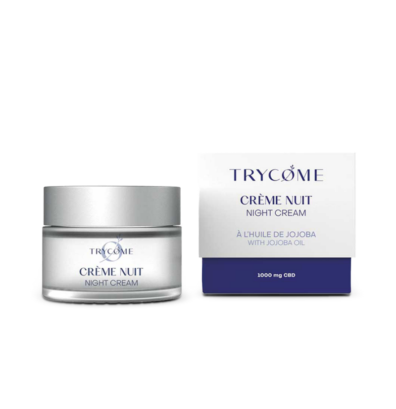 Crème visage nuit anti-âge au CBD. Régénère, apaise et nourrit pendant le sommeil. Peaux sensibles. Texture non grasse. Naturelle. Fabriquée en France.