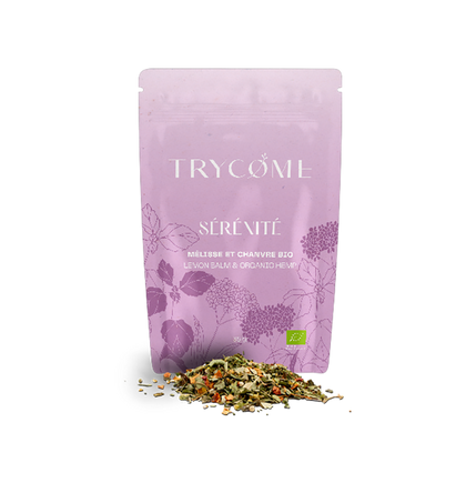 Infusion bio au CBD, mélisse et plantes apaisantes. Pour accompagner la détente mentale et émotionnelle. Sans THC, végane, fabriquée en France.