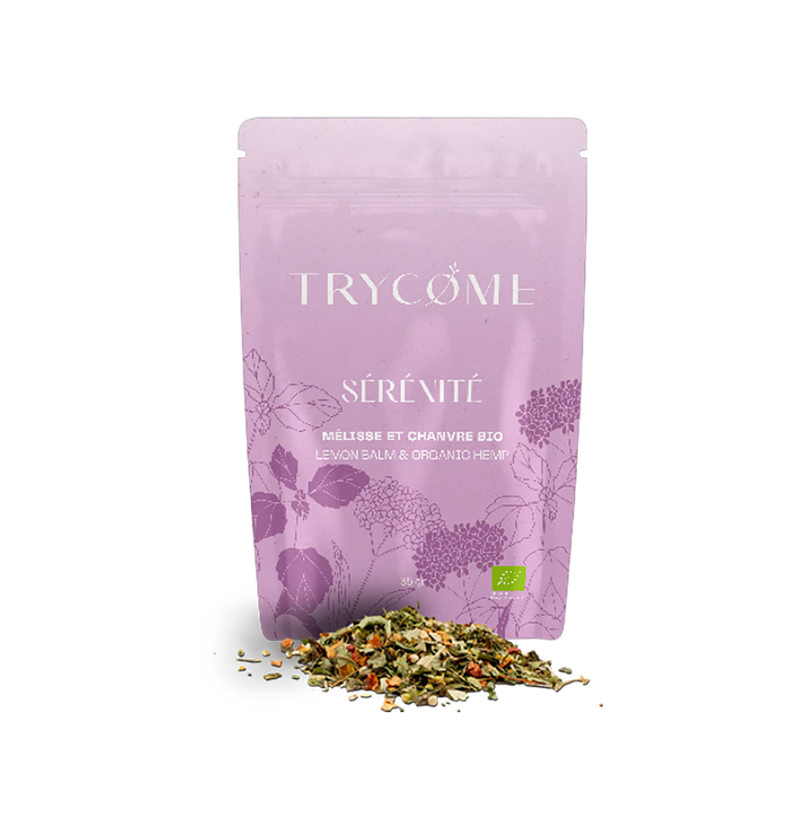 Infusion bio au CBD, mélisse et plantes apaisantes. Pour accompagner la détente mentale et émotionnelle. Sans THC, végane, fabriquée en France.