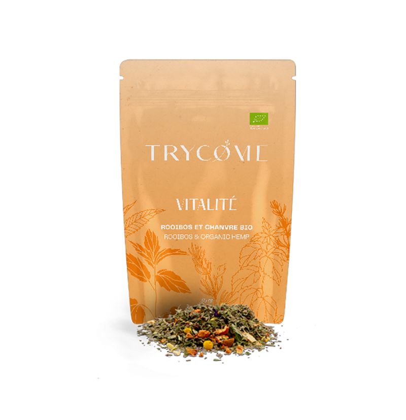 Infusion bio au rooibos et CBD pour une énergie douce et naturelle. Sans THC, 100 % végétale, fabriquée en France. Pour un esprit clair et un corps léger.