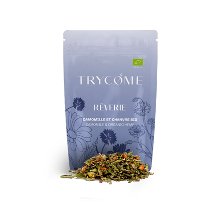 Infusion CBD bio au chanvre & camomille pour accompagner le sommeil. Sans THC, 100% végétale, fabriquée en France. Un rituel du soir apaisant.