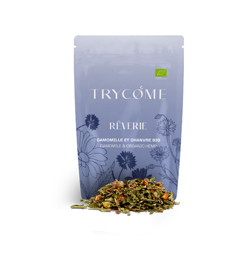 Infusion CBD bio au chanvre & camomille pour accompagner le sommeil. Sans THC, 100% végétale, fabriquée en France. Un rituel du soir apaisant.